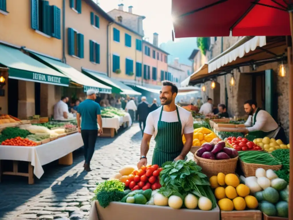 Un vibrante mercado italiano al aire libre con productos frescos y coloridos, en un escenario de calles empedradas y edificios antiguos