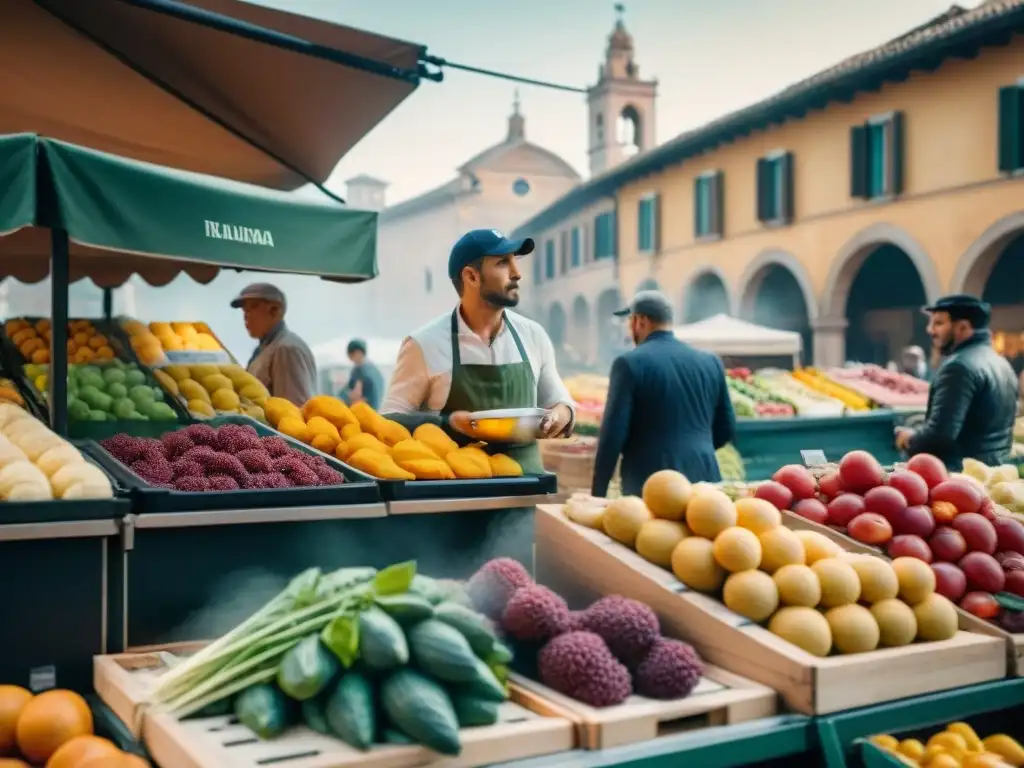 Vibrante mercado italiano con conservación de alimentos en Italia, mezclando encanto tradicional y tecnología moderna