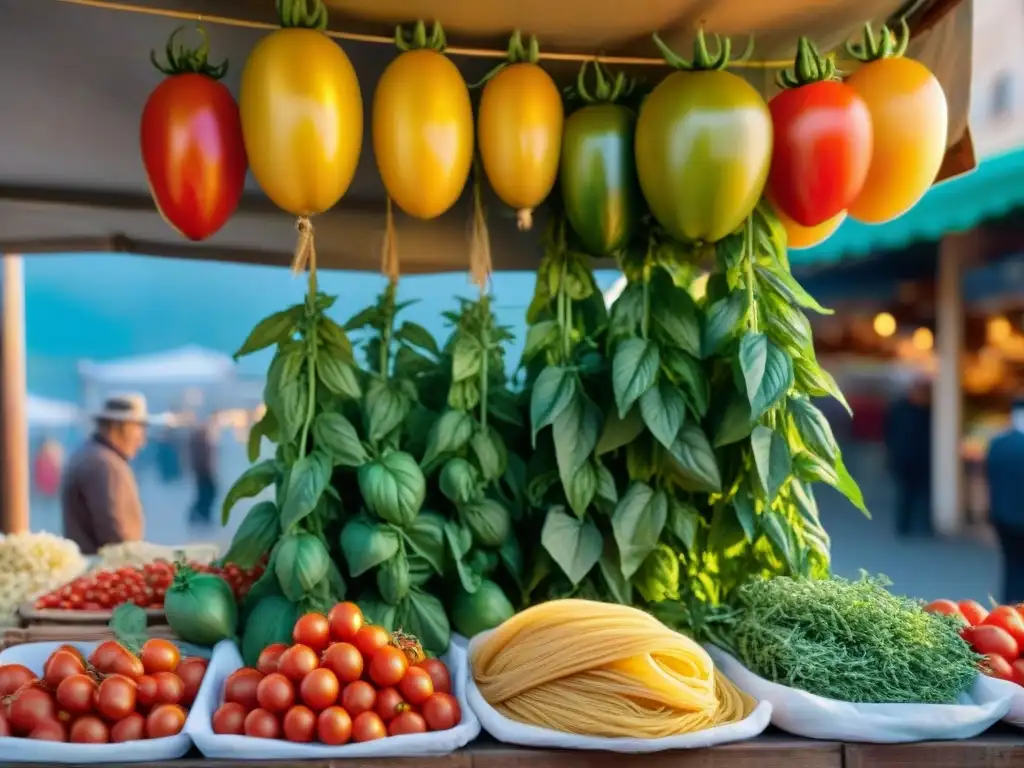 Vibrante mercado italiano al atardecer con ingredientes frescos, pasta casera y locales compartiendo recetas