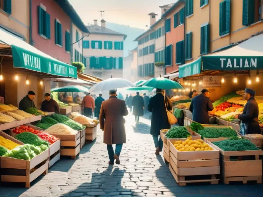 Vibrante mercado italiano con cocina tradicional y coloridos ingredientes frescos