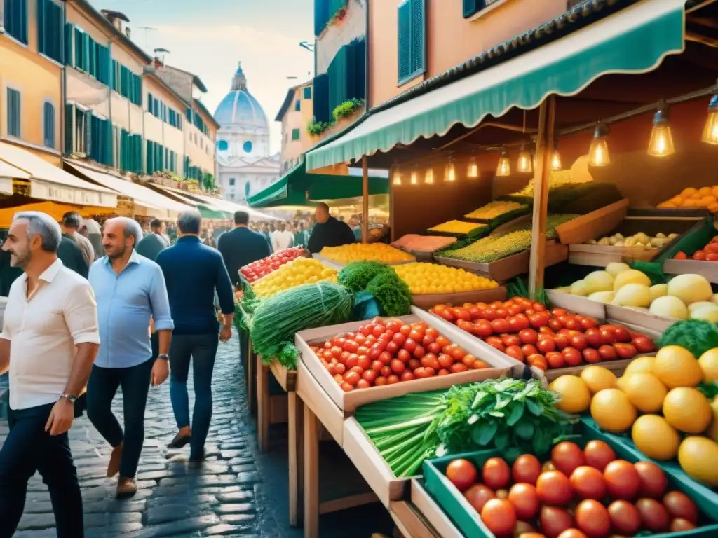 En el vibrante mercado italiano, los habitantes regatean por ingredientes frescos