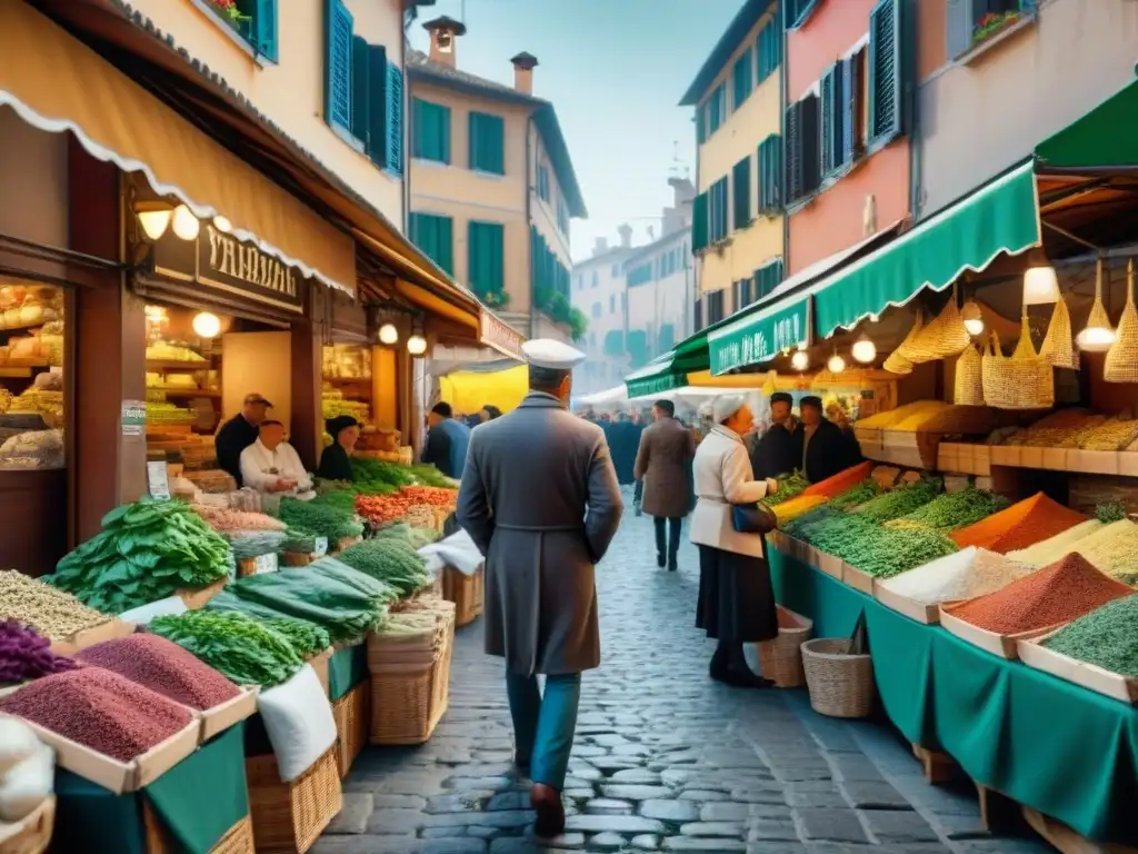 Vibrante mercado italiano con hierbas y especias tradicionales en coloridos puestos callejeros