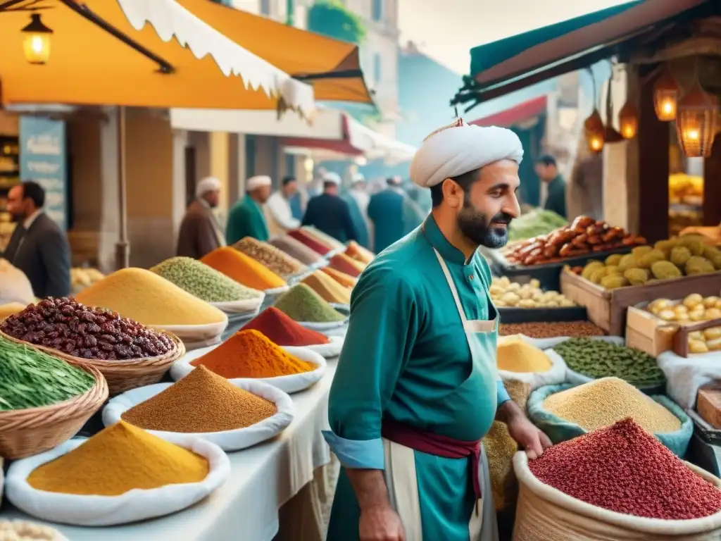 Vibrante mercado italiano con influencia de las Cruzadas en la gastronomía, sabores y colores exóticos en cada puesto