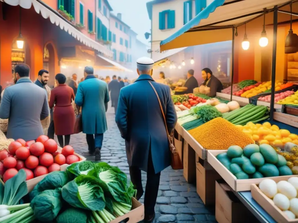 Vibrante mercado italiano con influencia de inmigración: coloridos productos y vendedores de diversas culturas