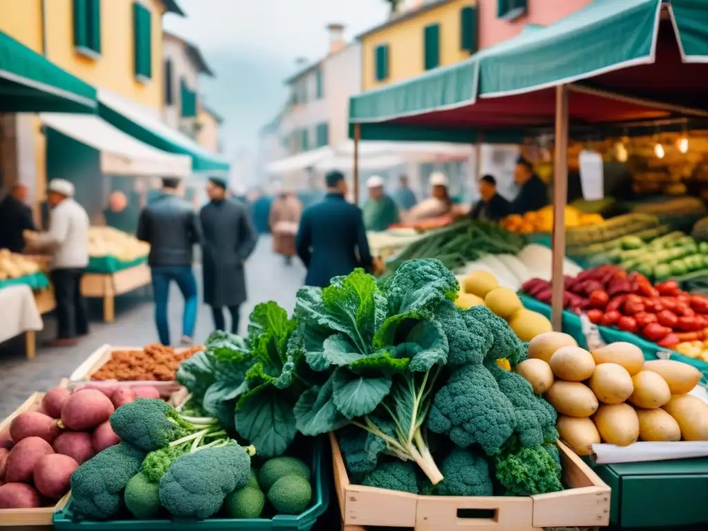 Vibrante mercado italiano con influencia portuguesa en cocina, lleno de coloridos puestos de vegetales y chorizo