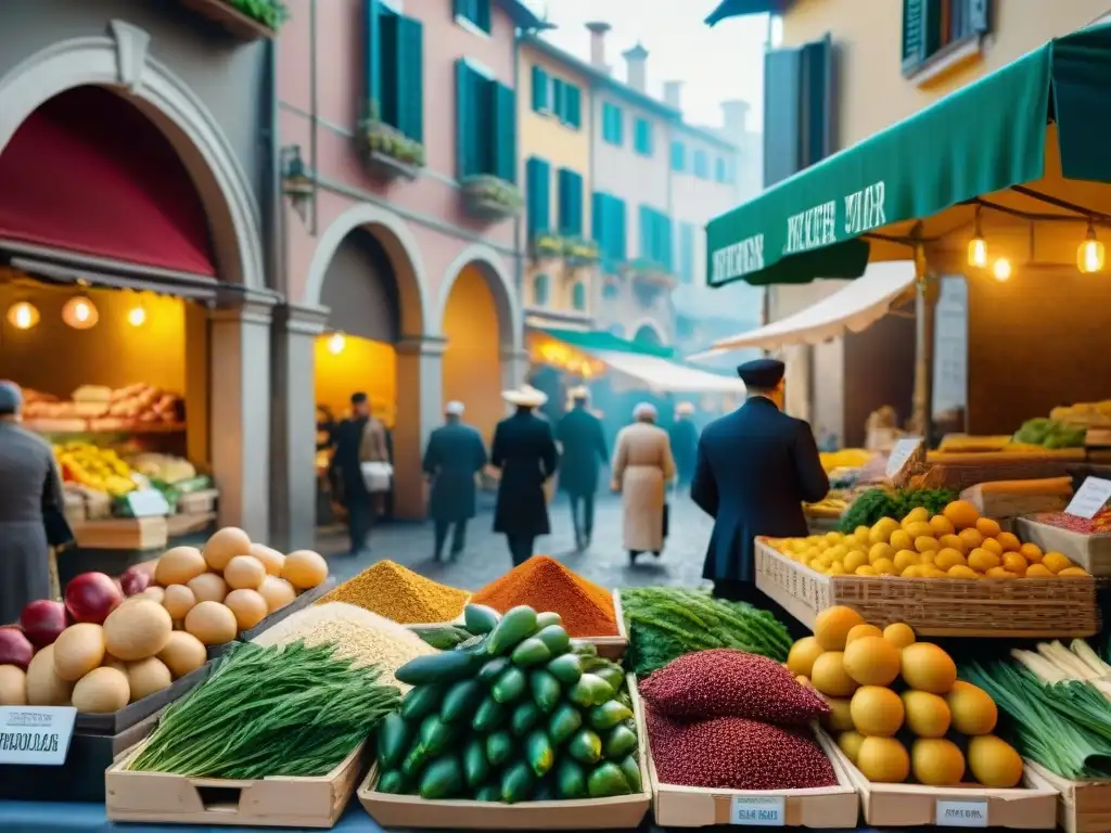 Un vibrante mercado italiano con ingredientes frescos y colores, reflejando la cocina italiana tendencia bienestar global