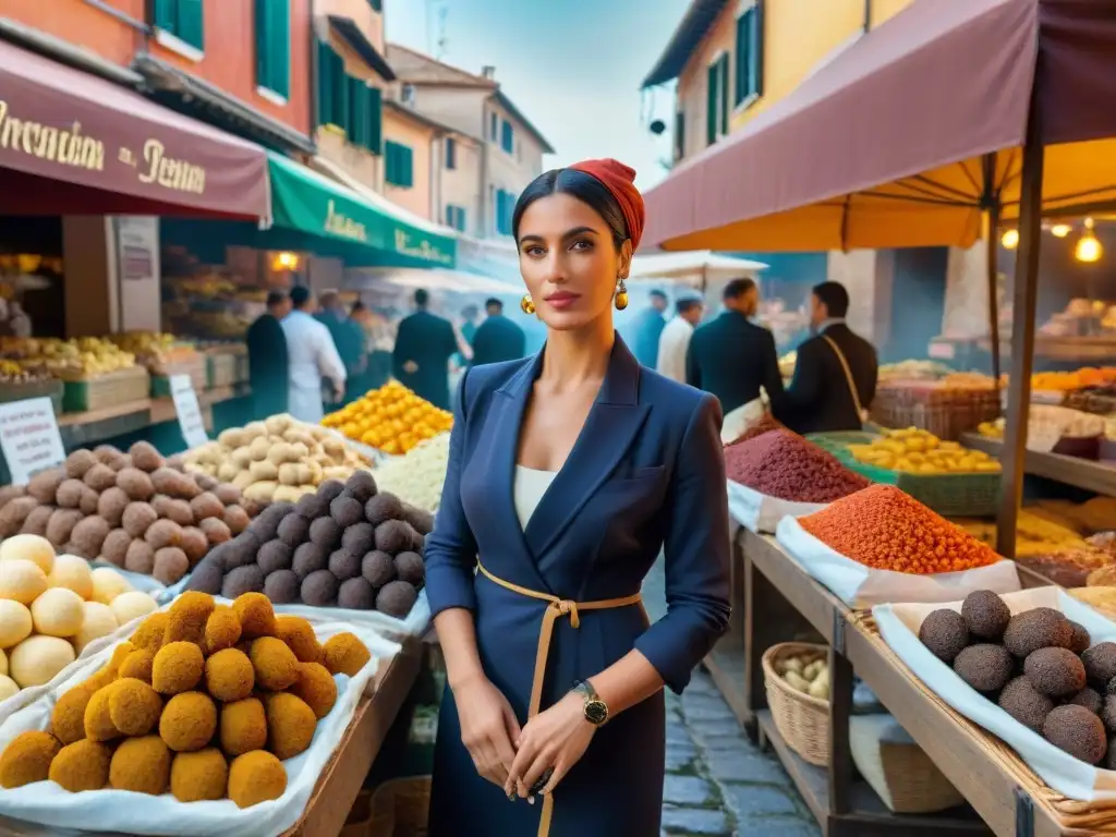 Un vibrante mercado italiano con ingredientes exóticos y vendedores apasionados