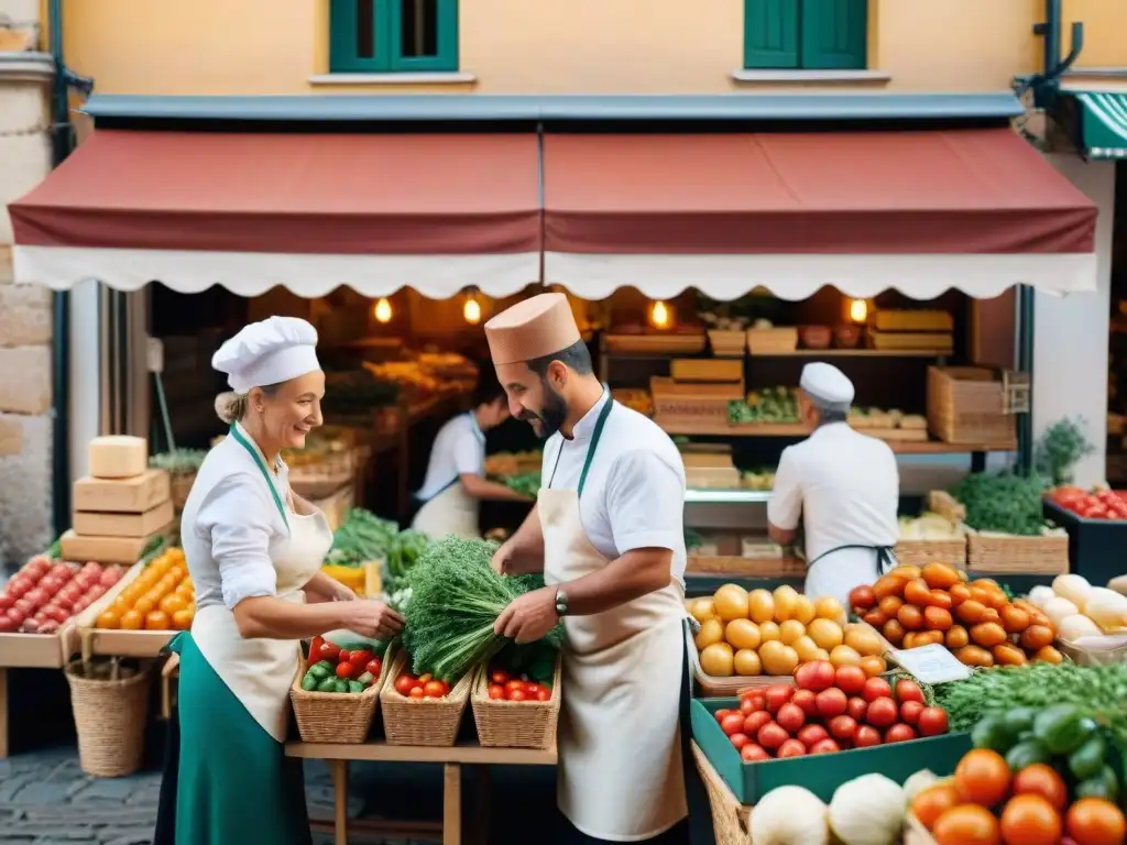 Un vibrante mercado italiano con ingredientes frescos y chefs seleccionando productos