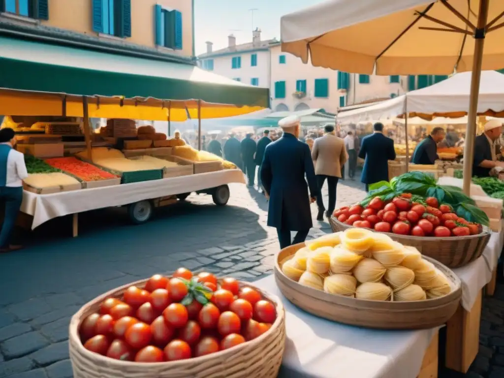 Un vibrante mercado italiano con ingredientes tradicionales y una atmósfera animada