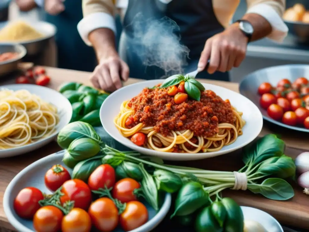 Un vibrante mercado italiano con ingredientes para Espagueti Boloñesa