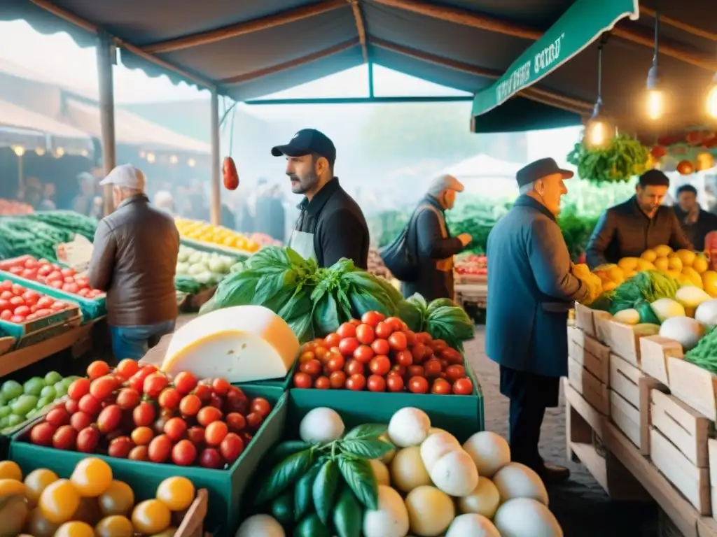 Vibrante mercado italiano con ingredientes orgánicos y comida rápida auténtica