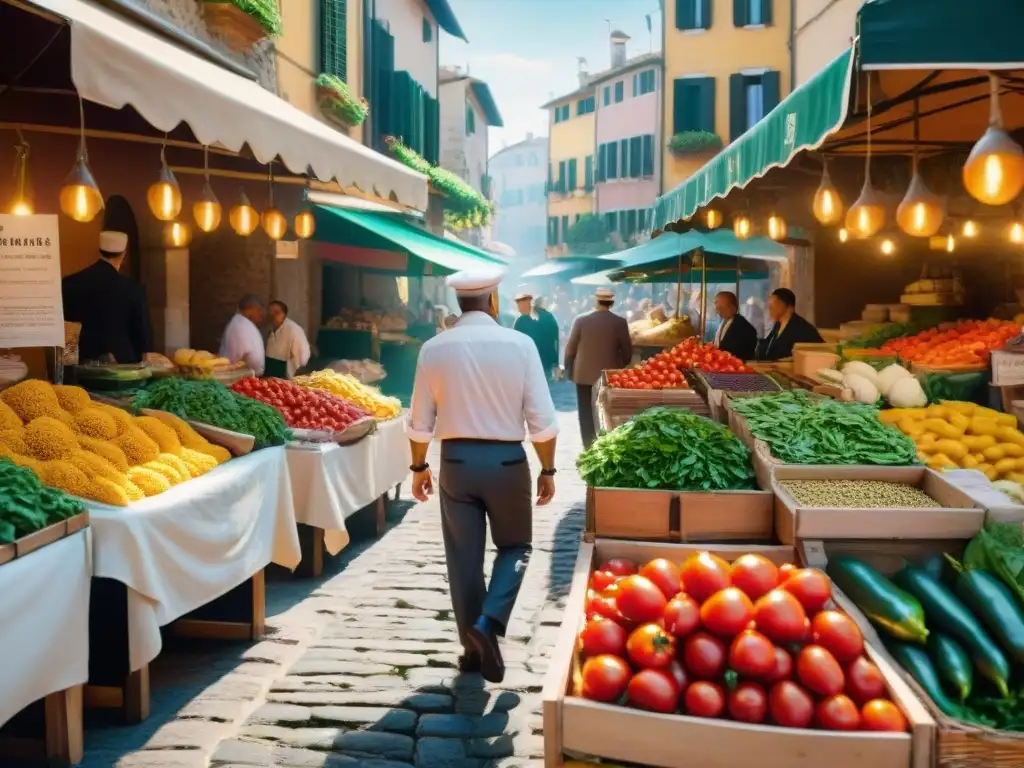 Un vibrante mercado italiano con ingredientes frescos y coloridos, vendedores locales y clientes intercambiando recetas italianas innovadoras con ingredientes tradicionales