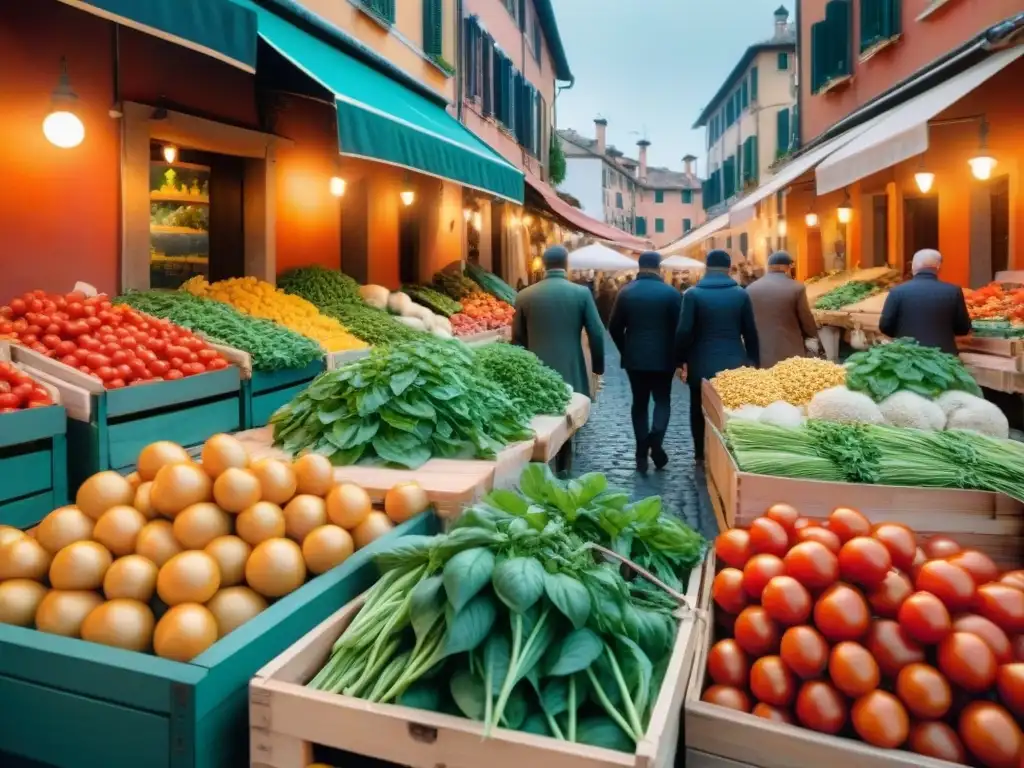 Un vibrante mercado italiano con ingredientes frescos y variados, evocando la receta auténtica de chop suey italiano