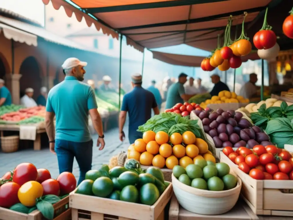 Un vibrante mercado italiano con jóvenes chefs y redes sociales en un bullicioso escenario culinario