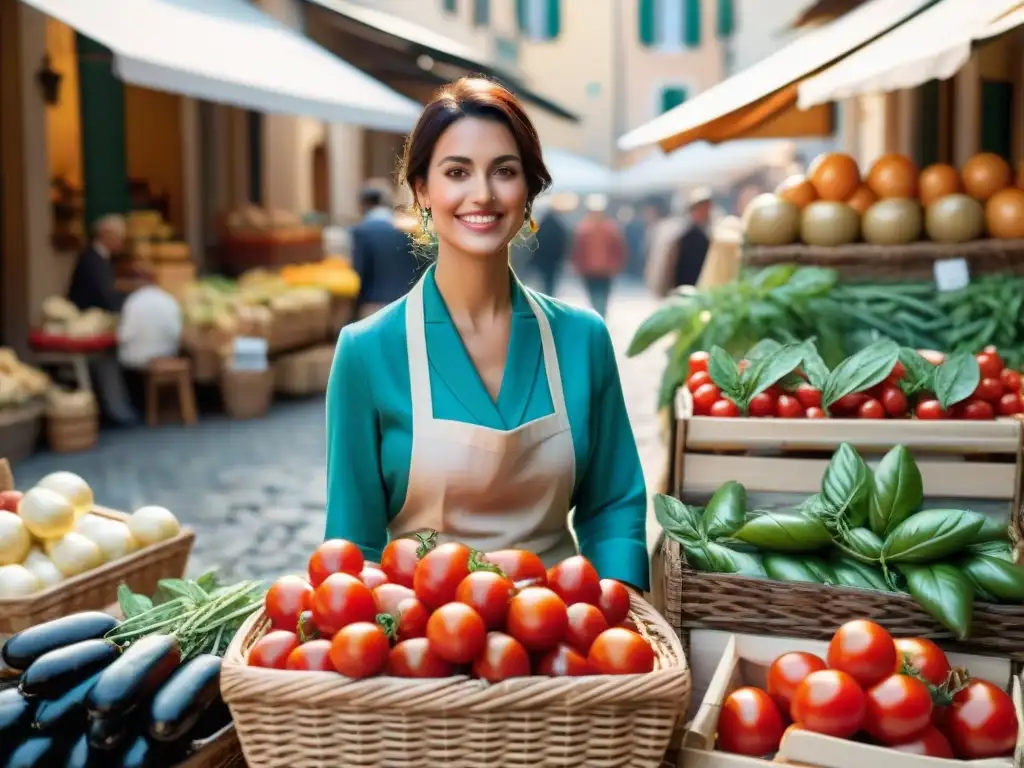 Un vibrante mercado italiano lleno de productos frescos, como tomates maduros, albahaca fragante y quesos variados