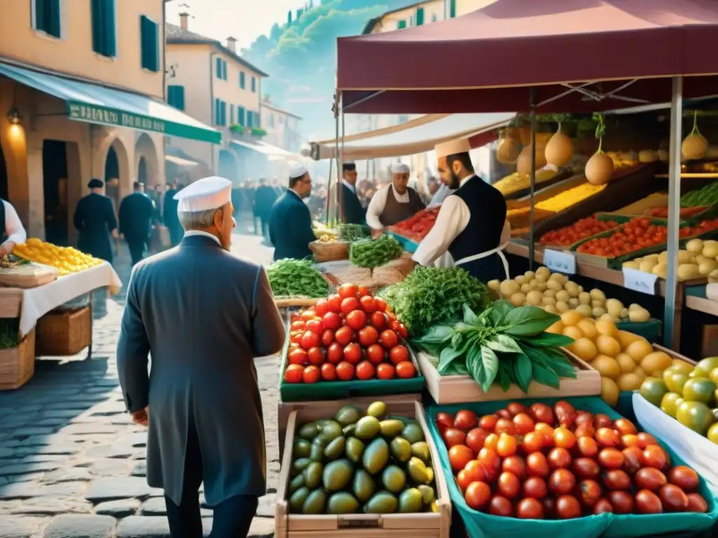 Un vibrante mercado italiano lleno de coloridas paradas rebosantes de productos frescos, chefs seleccionando ingredientes y una nonna compartiendo una receta familiar