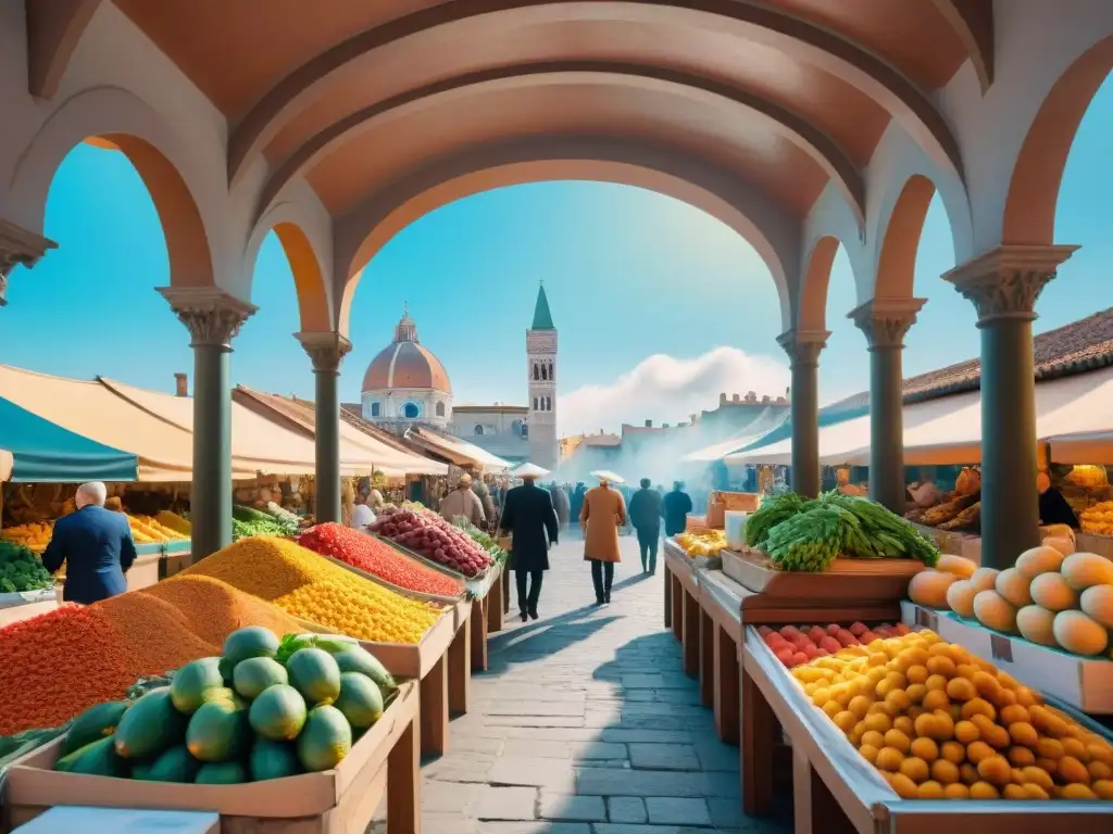 Un vibrante mercado renacentista italiano, lleno de frutas, verduras y especias coloridas