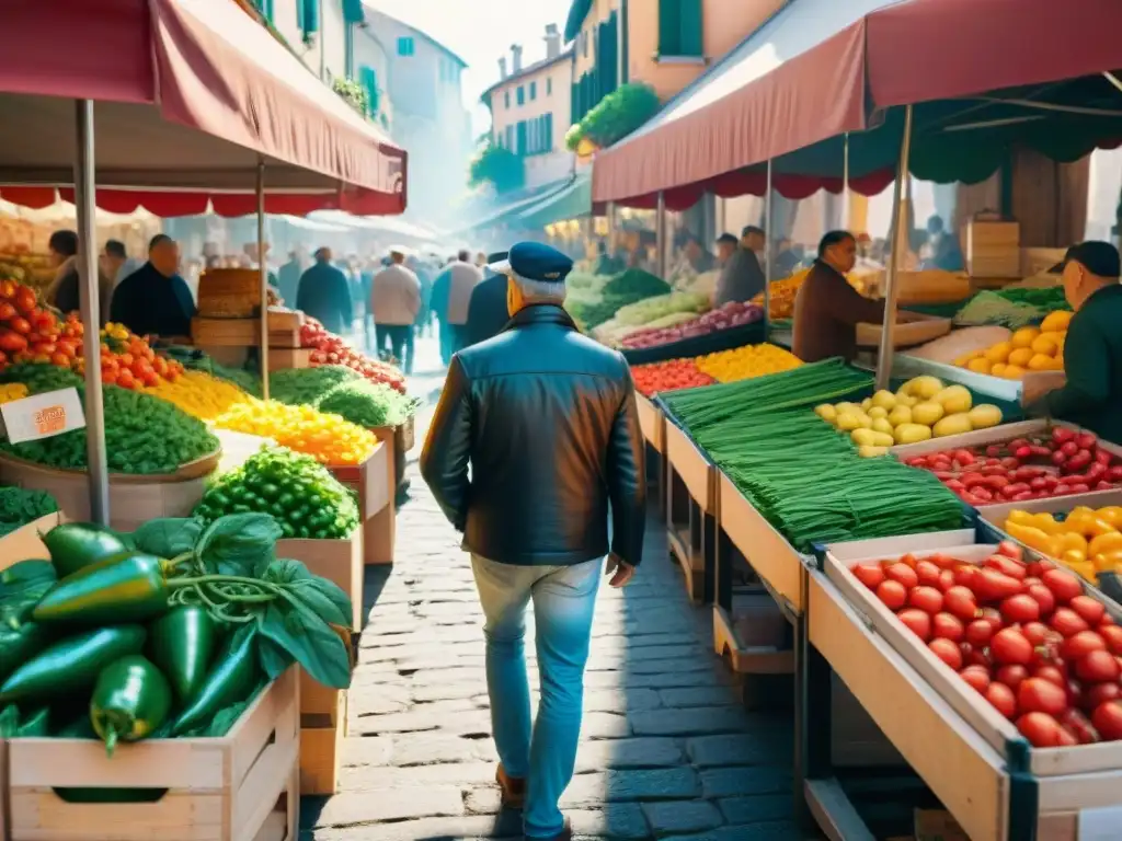 Un vibrante mercado italiano lleno de productos frescos, esencia de la cultura culinaria italiana