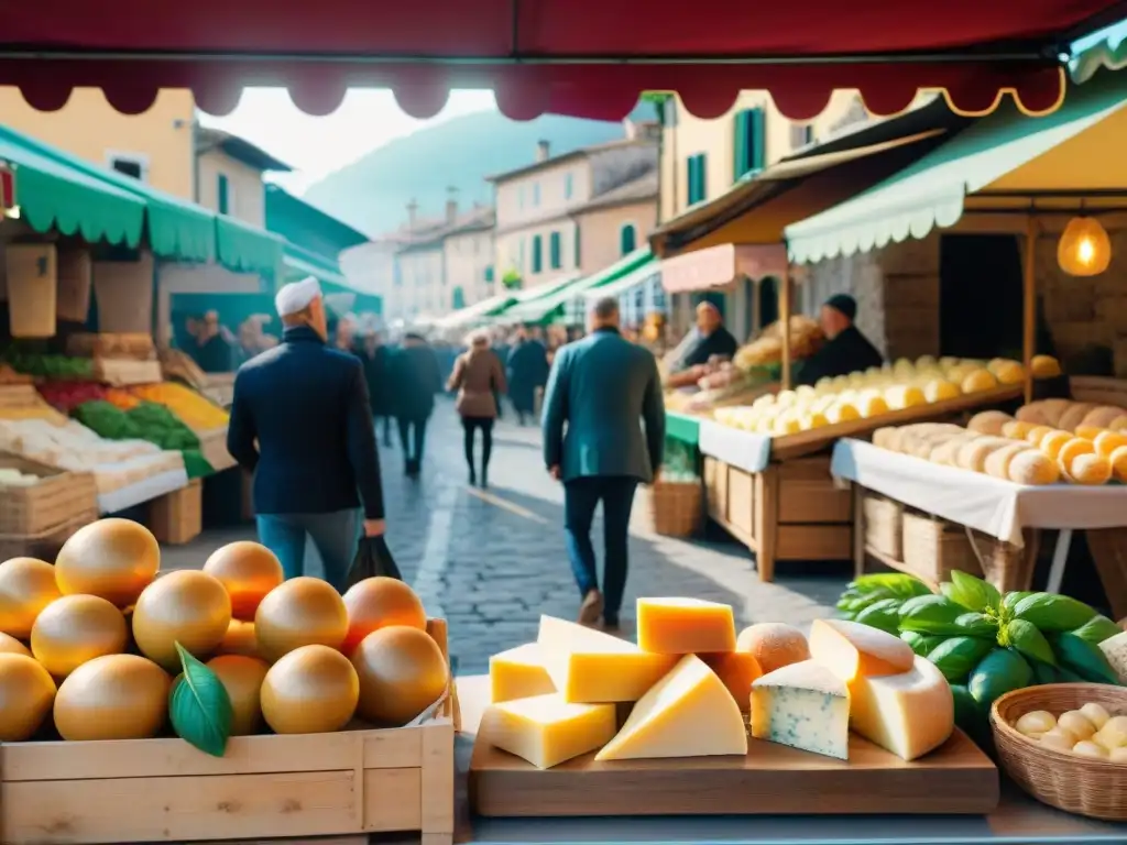 Un vibrante mercado italiano en la región de Marche, lleno de coloridos puestos de productos frescos, quesos artesanales, pasta casera y vinos locales