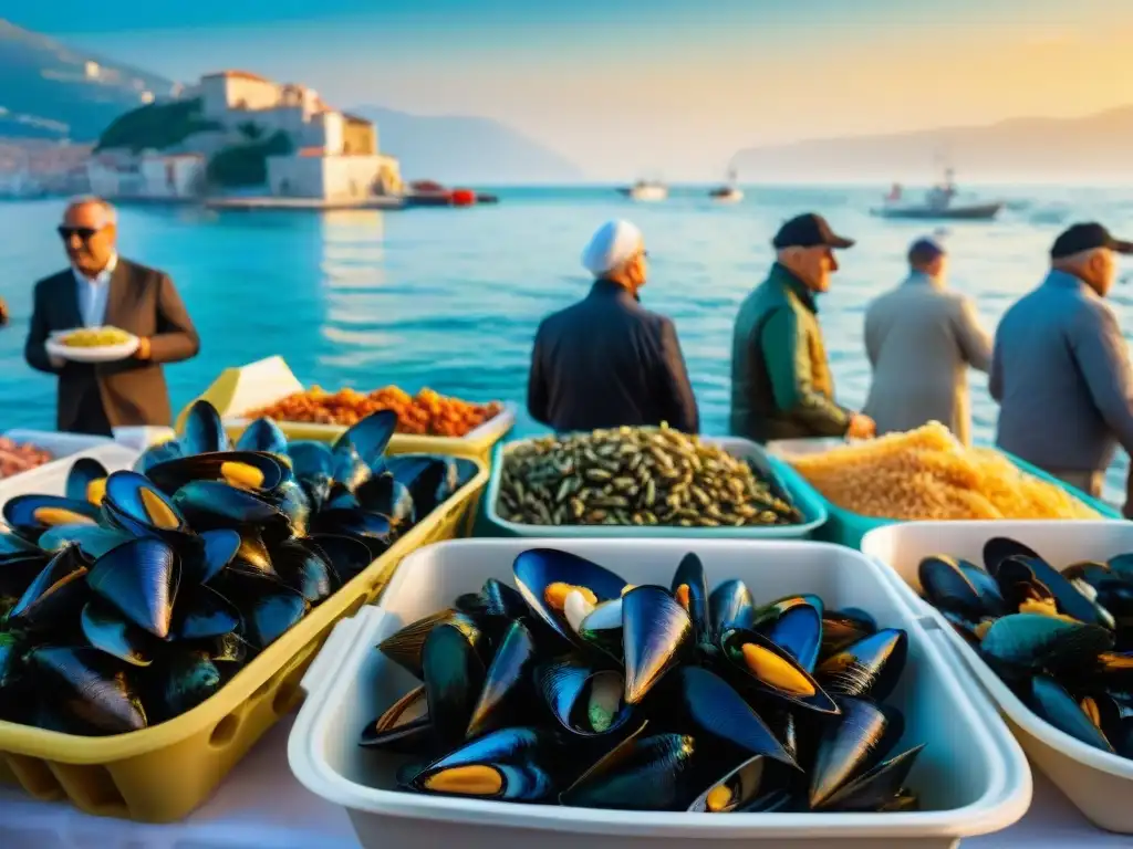 Vibrante mercado italiano de mariscos con la historia del Frutti di Mare