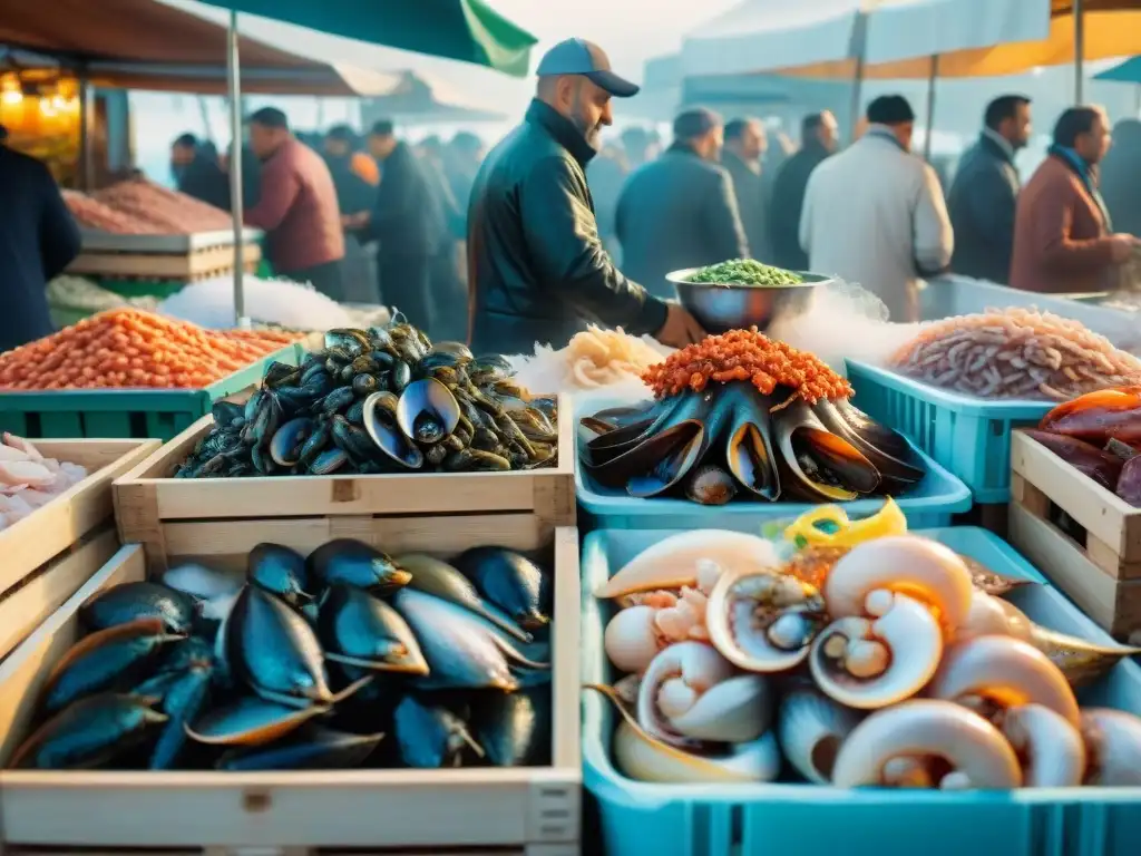 Vibrante mercado italiano de mariscos, con pescaderos coloridos y clientes curiosos