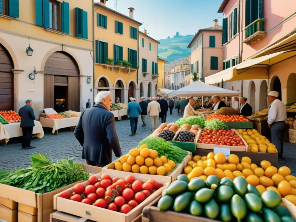 Vibrante mercado italiano en el norte con productos frescos y locales, reflejando la dieta norte Italia longevidad