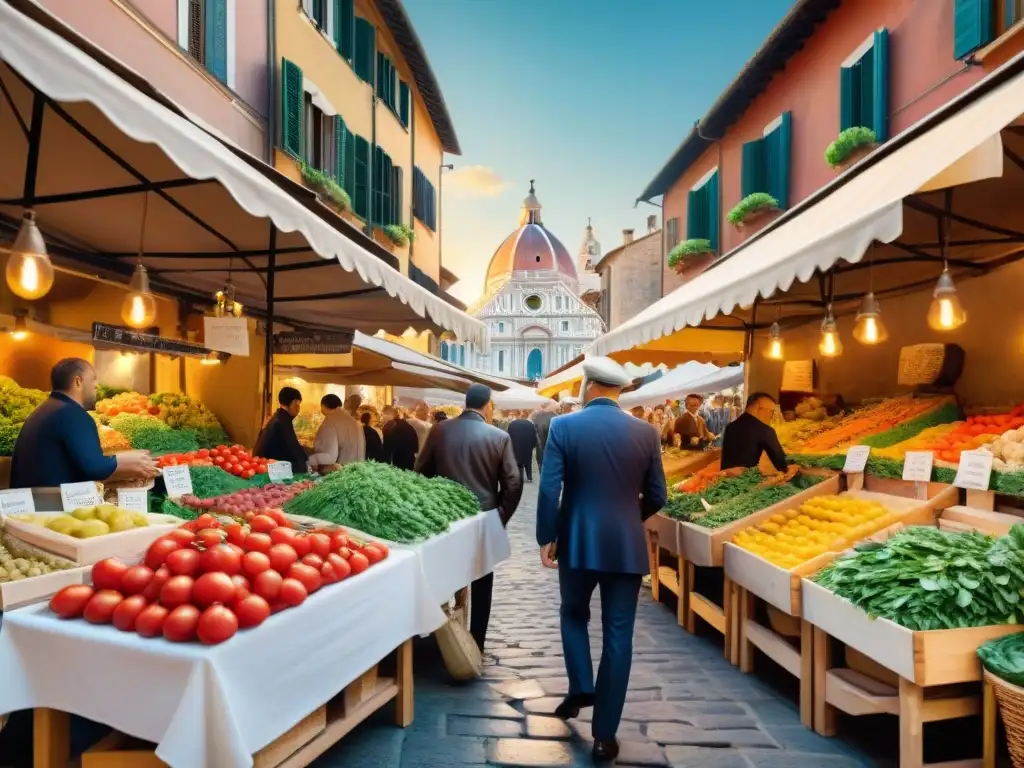 Vibrante mercado italiano con platos icónicos cocina italiana regional y arquitectura característica bajo el cálido sol mediterráneo