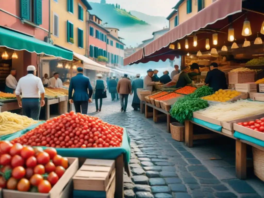 Vibrante mercado italiano con productos frescos y artesanos de pasta, en calles empedradas