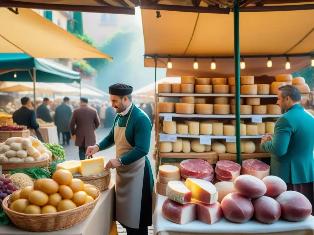 Vibrante mercado italiano con Productos DOP e IGP: Parmigiano Reggiano, Prosciutto di Parma y vino Chianti, en un ambiente tradicional y colorido