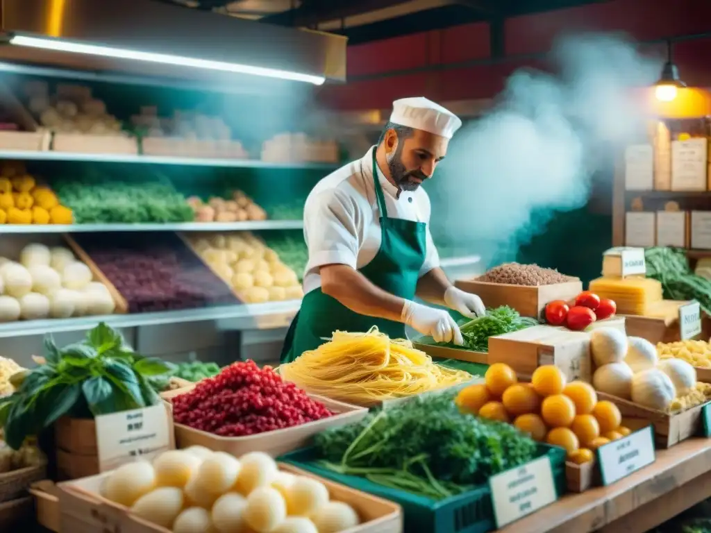 Un vibrante mercado italiano: productos frescos, pasta colorida, hierbas aromáticas y quesos locales