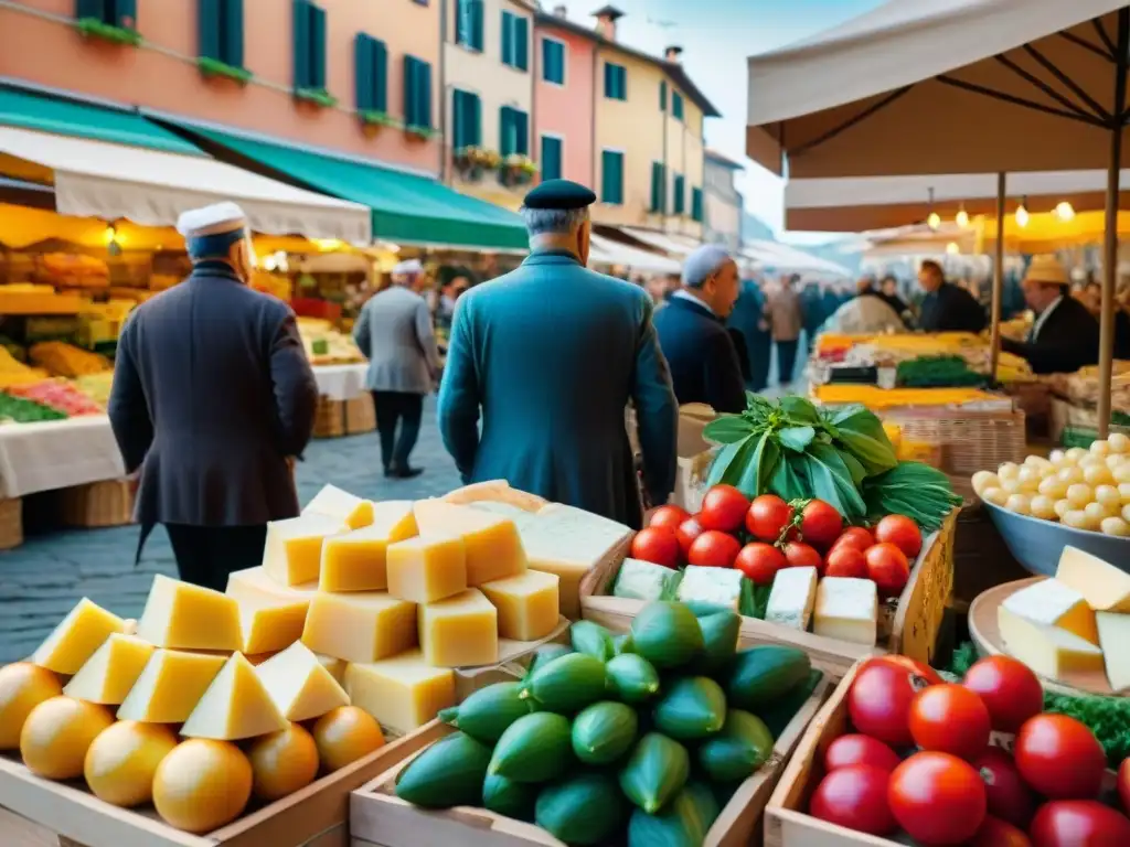 Vibrante mercado italiano con productos frescos y coloridos