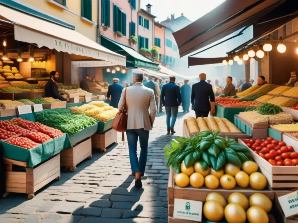 Vibrante mercado italiano con productos frescos y artesanales