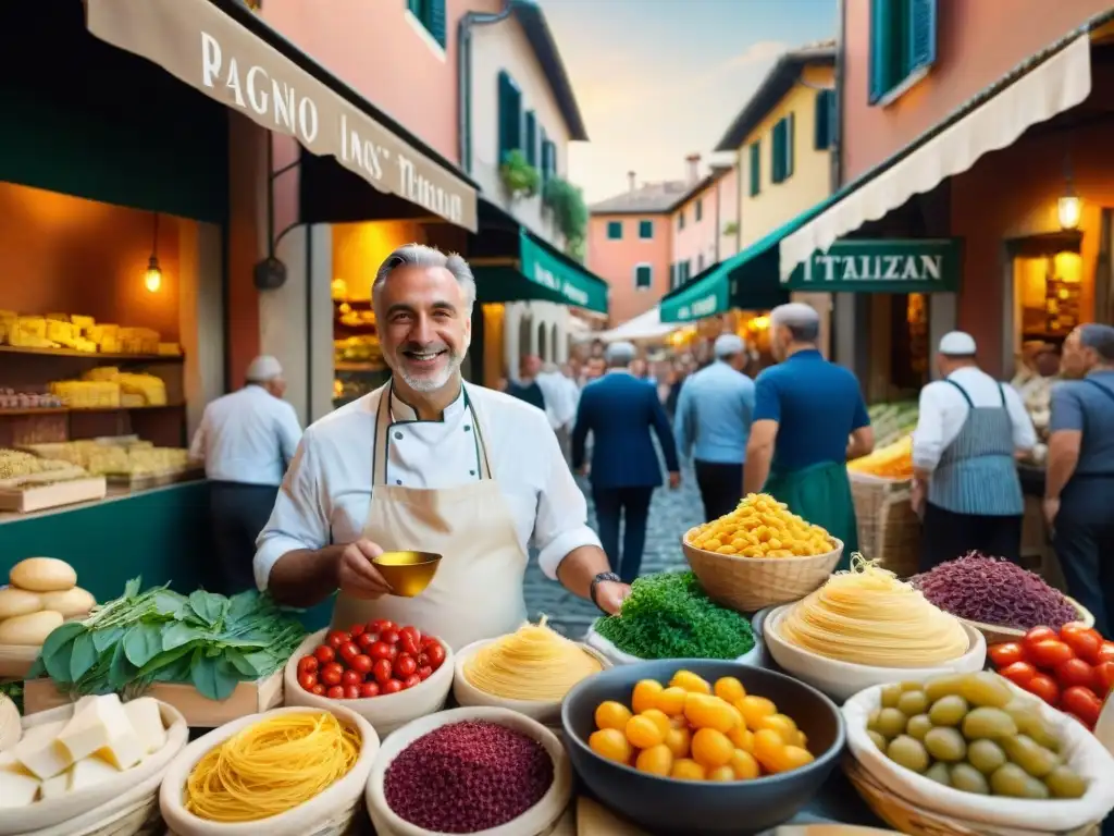 Vibrante mercado italiano con productos frescos, pasta variada, quesos artesanales y hierbas aromáticas