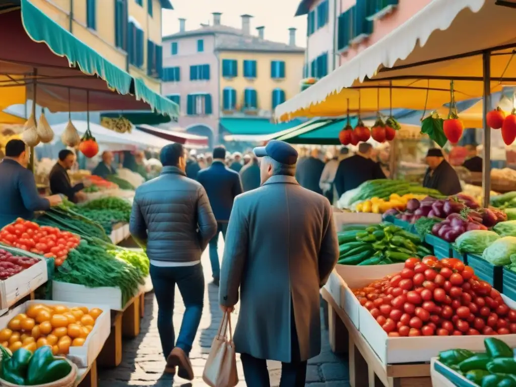 Un vibrante mercado italiano con productos frescos y vendedores locales, reflejando la esencia de la cocina italiana platos tradicionales tendencias