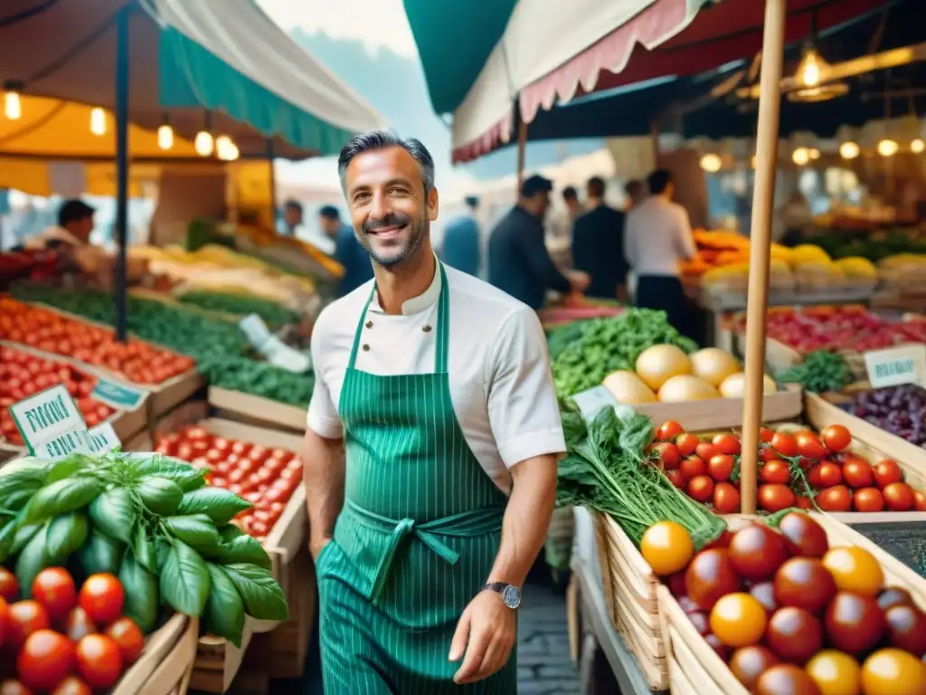 Un vibrante mercado italiano con productos locales, chefs apasionados y un ambiente sostenible