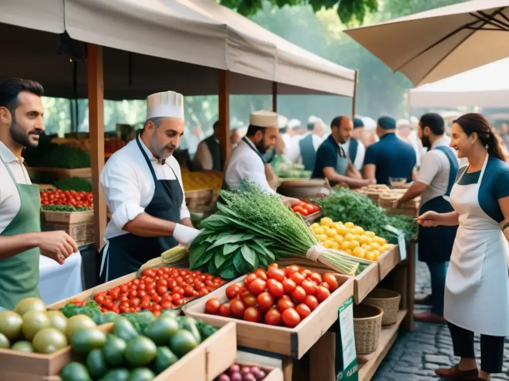 Un vibrante mercado italiano con productos frescos y coloridos, chefs seleccionando ingredientes para cocinar deliciosos platos sostenibles