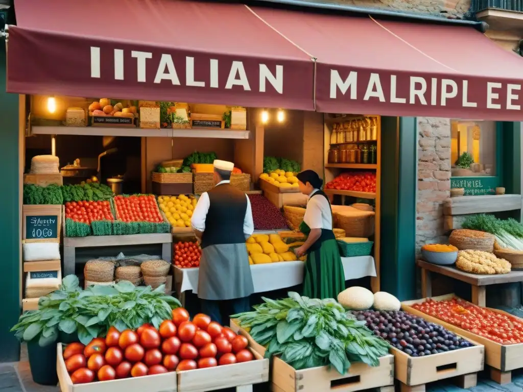 'Vibrante mercado italiano con productos frescos, interacción de vendedores y clientes, aromas y colores auténticos