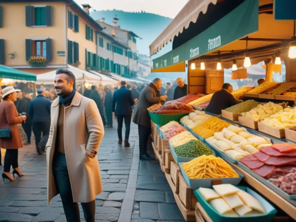 Vibrante mercado italiano con productos tradicionales y actividad frenética