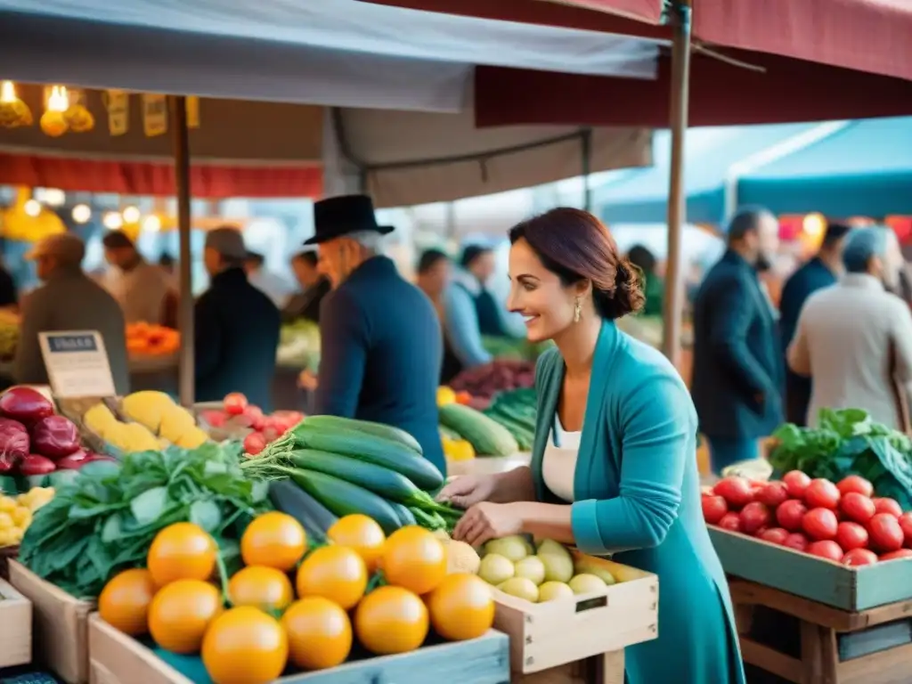 Un vibrante mercado italiano con productos frescos, locales charlando y chefs seleccionando ingredientes para recetas Slow Food Italia