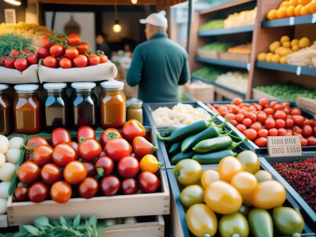 Un vibrante mercado italiano con productos frescos y conservados, reflejando la conservación de alimentos en Italia