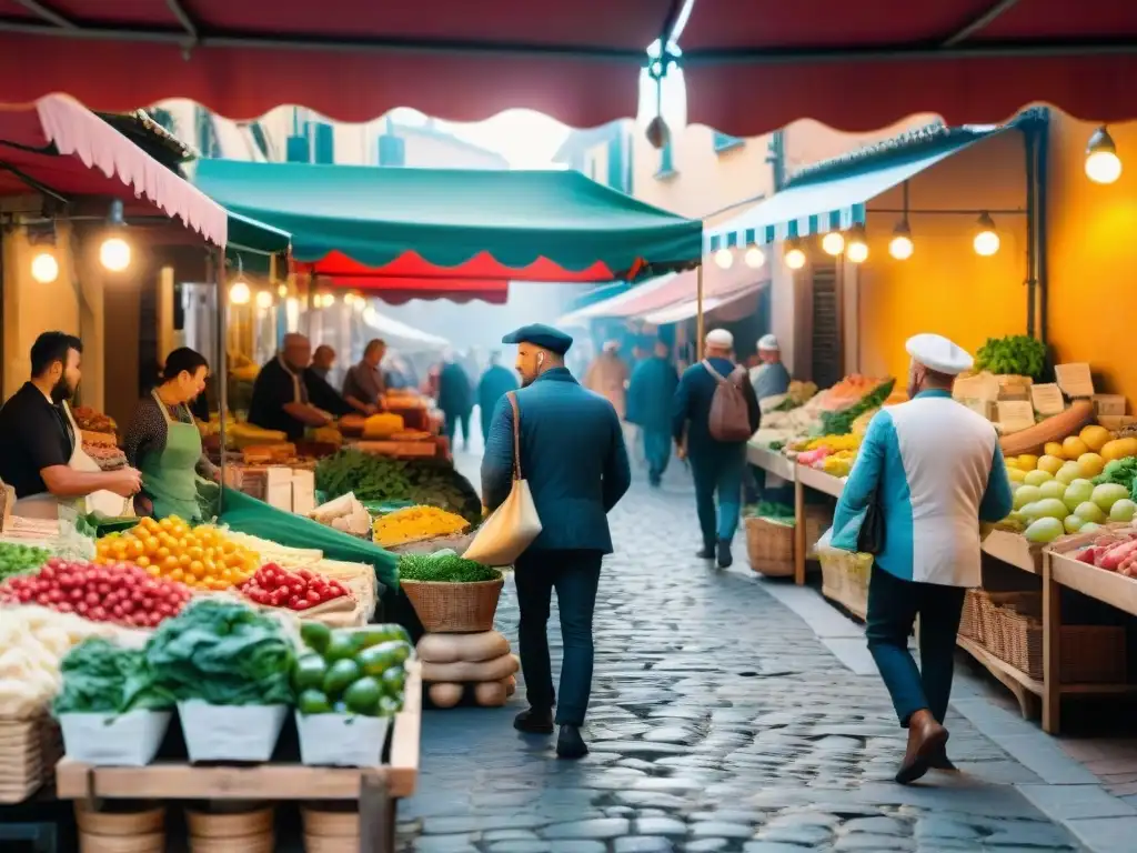 Un vibrante mercado italiano con puestos de productos frescos, pasta artesanal y quesos locales