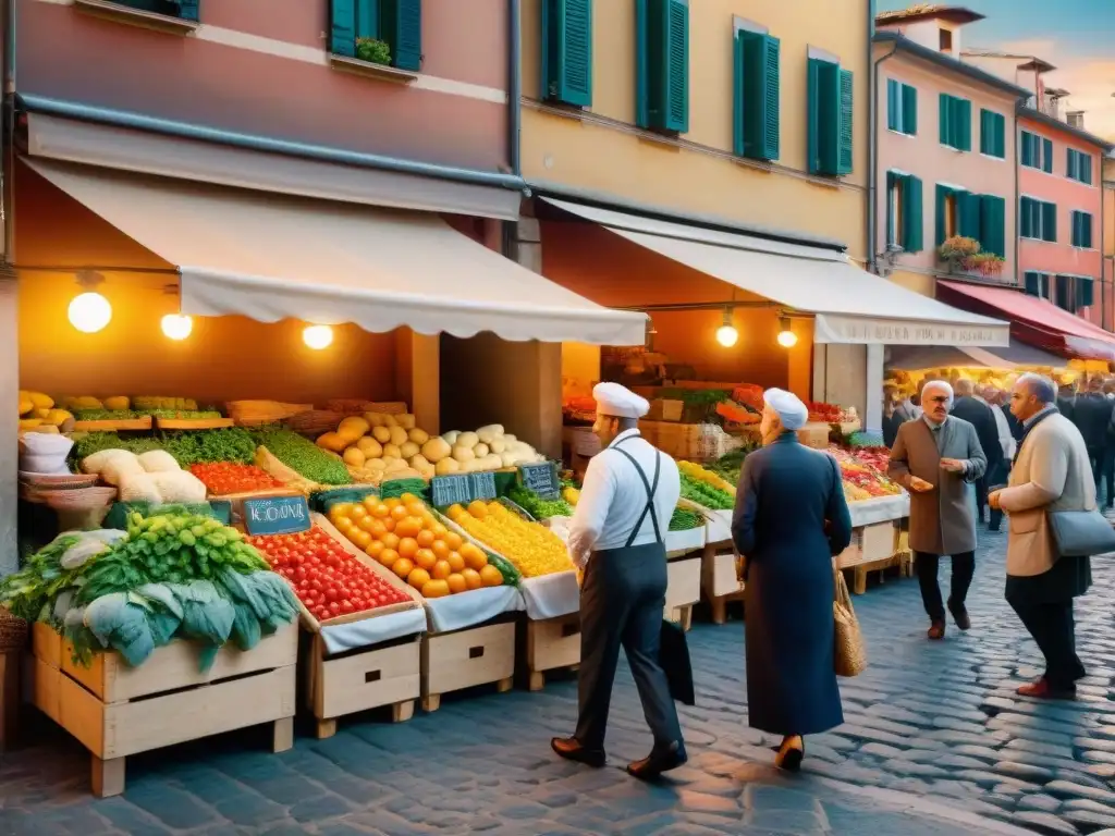 Un vibrante mercado italiano: puestos llenos de productos frescos, locales animados, calles empedradas