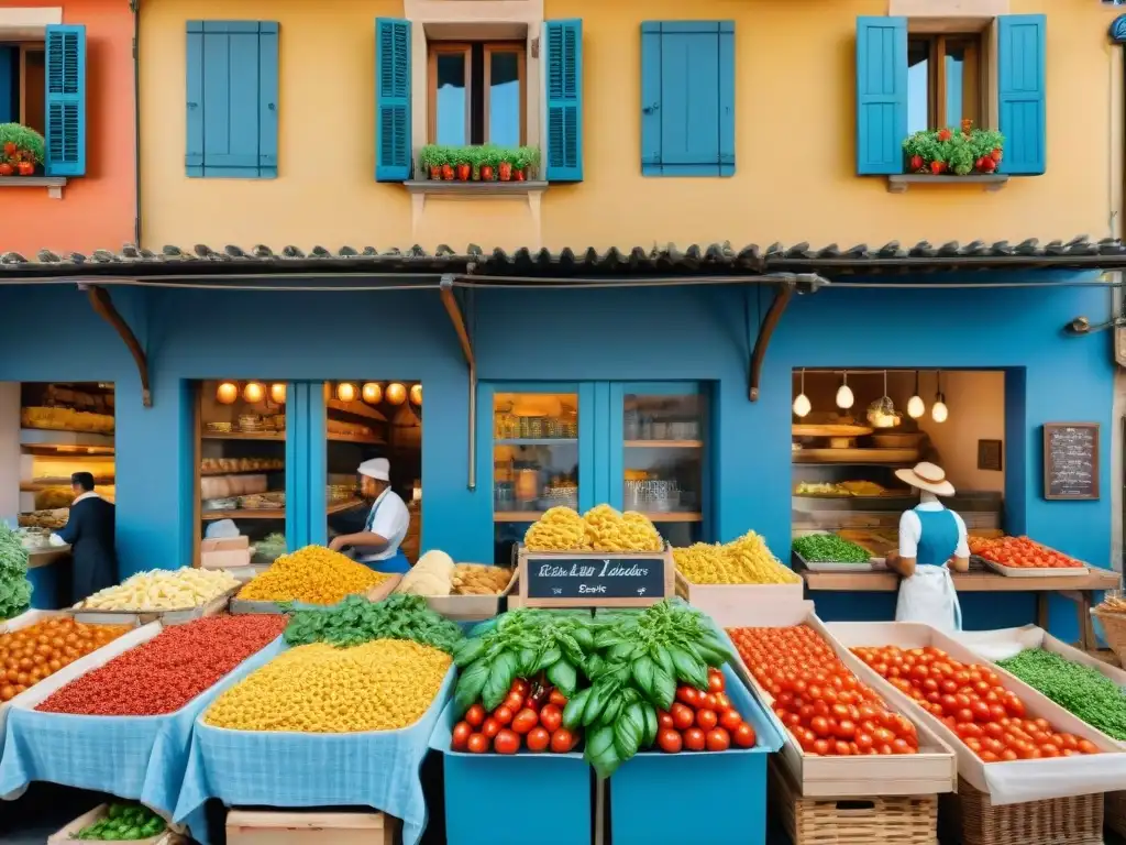 Un vibrante mercado italiano con puestos llenos de ingredientes frescos