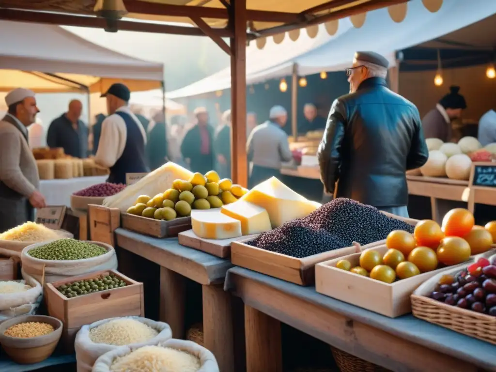 Un vibrante mercado italiano, con fermentación sostenible y coloridos alimentos como quesos, aceitunas y vegetales encurtidos