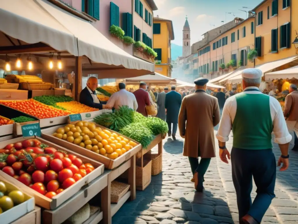 Mercado italiano vibrante: tradición culinaria en el sur Un vibrante mercado italiano en el sur, repleto de ingredientes de la dieta mediterránea Italia