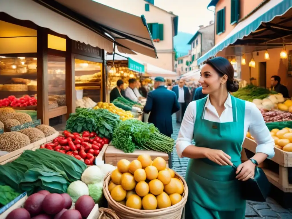 Vibrante mercado italiano con tendencias de cocina en redes sociales