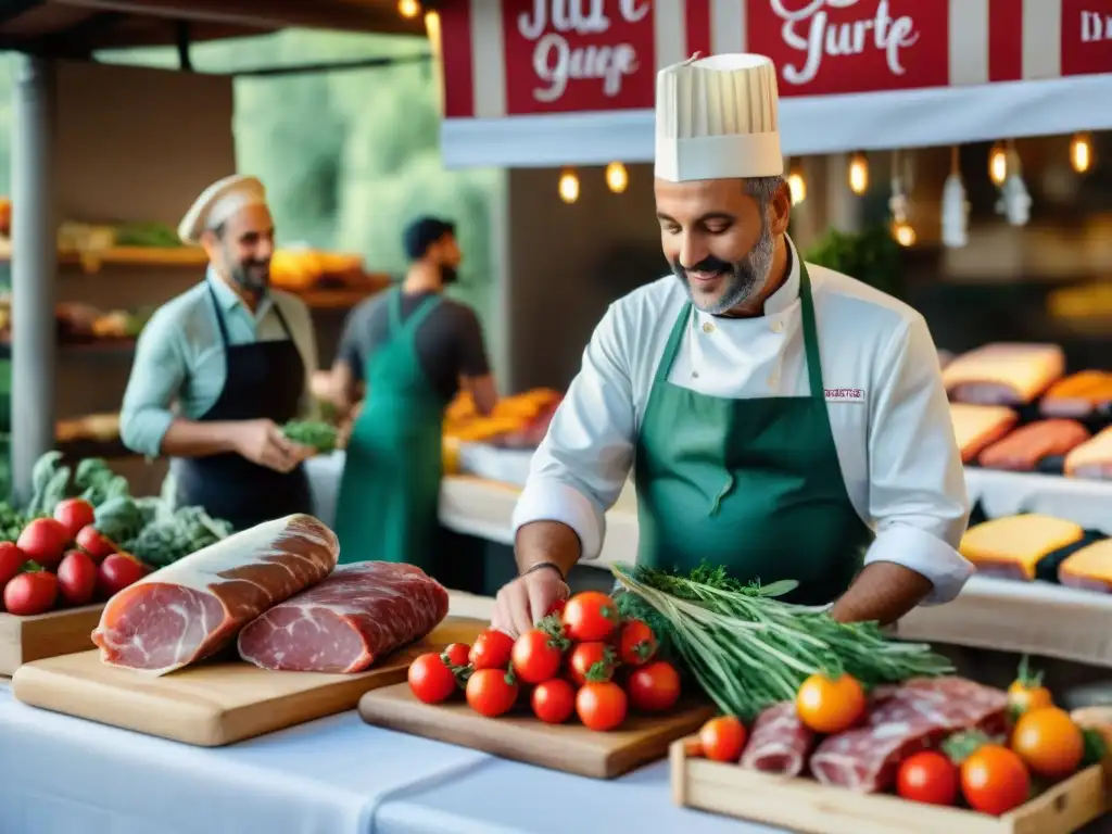 Vibrante mercado italiano con variedad de carnes éticas cocina italiana, vendedores y clientes entre productos frescos y coloridos