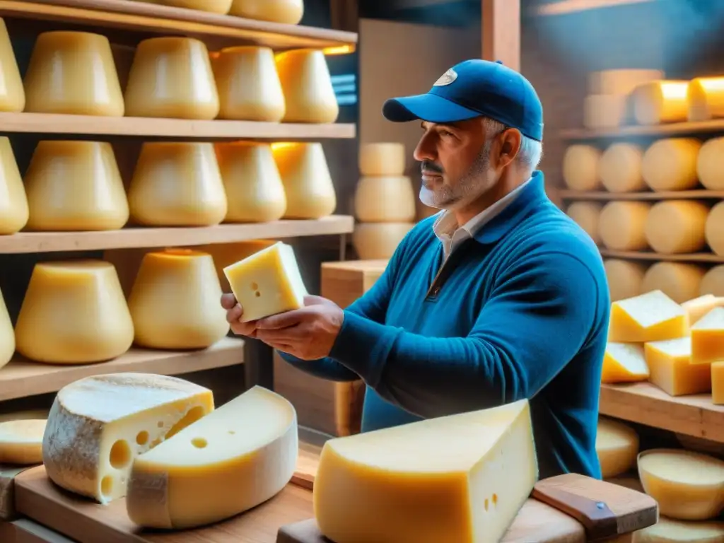 Un vibrante mercado italiano con vendedores ofreciendo ruedas de Grana Padano y Parmigiano Reggiano bajo el cálido sol toscano