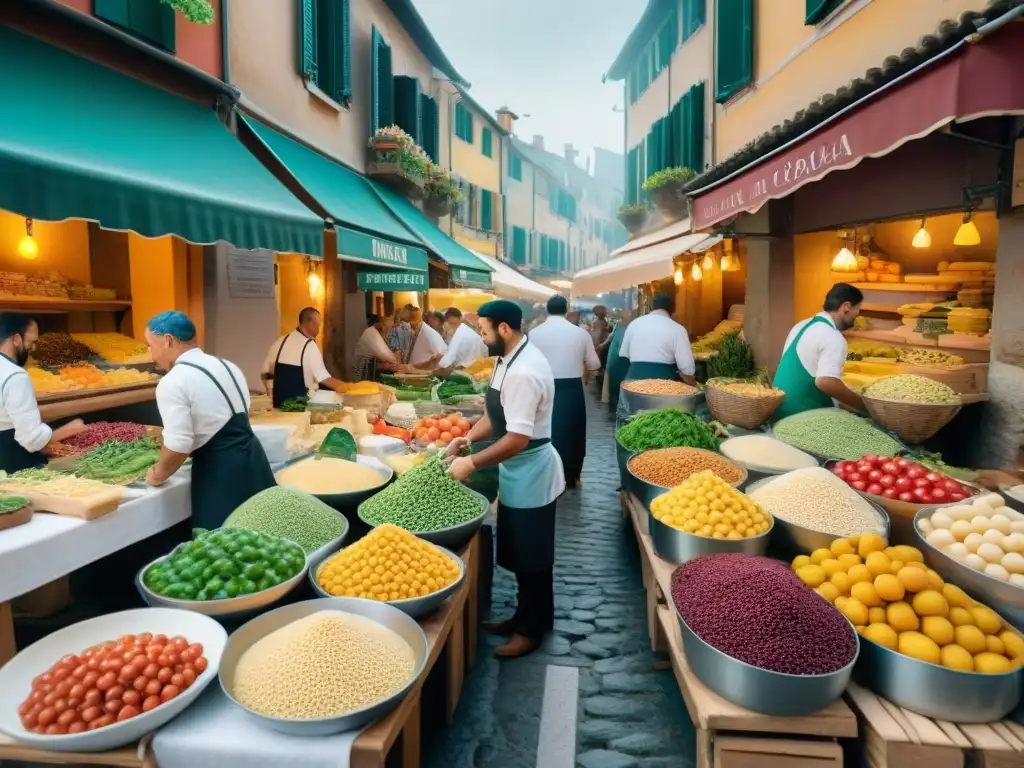 Vibrante mercado italiano con vendedores, nonnas haciendo pasta y chefs preparando platos clásicos