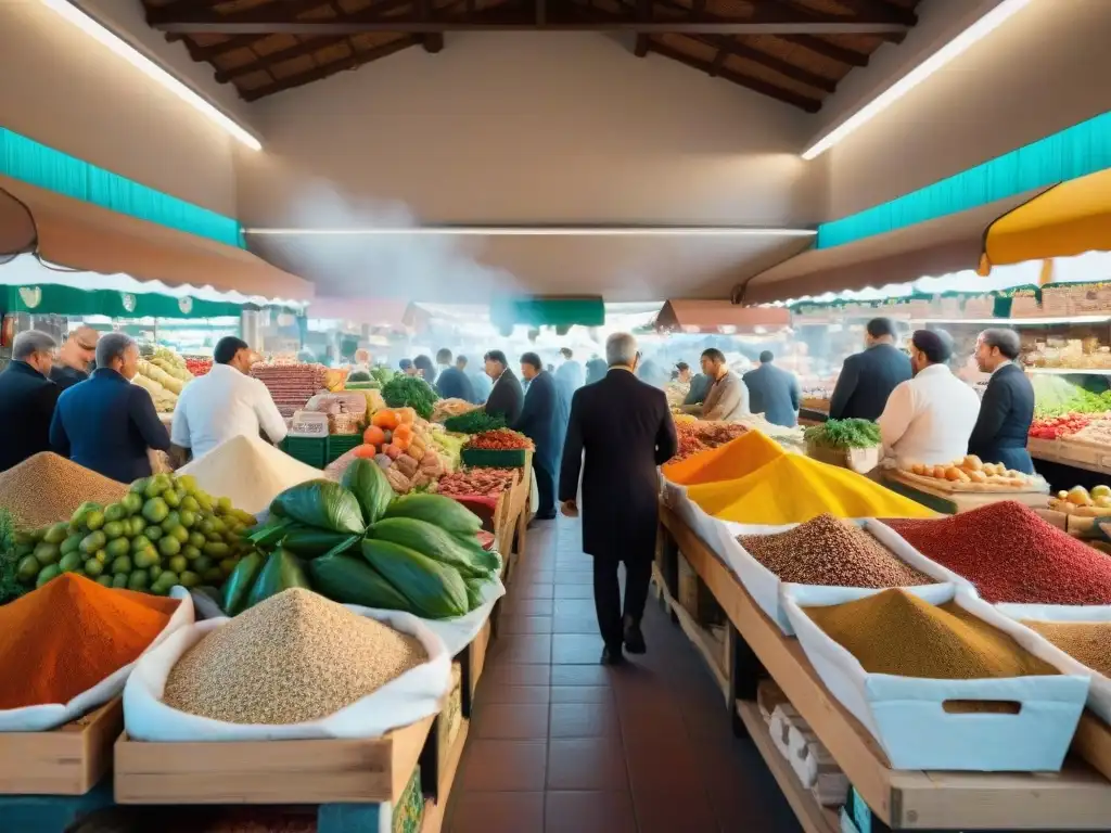 Vibrante mercado local en Calabria, con chefs apasionados y clientes disfrutando de la cocina moderna Calabria picante